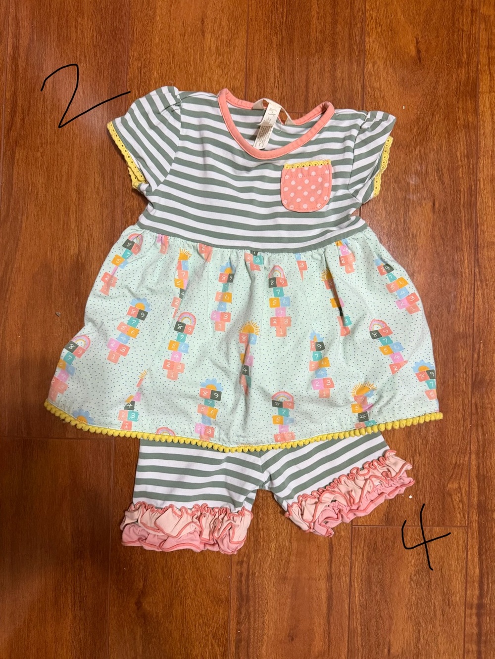 Matilda Jane Mint, Gray & Pink Striped Kids Matching Set. Top is a 2/4